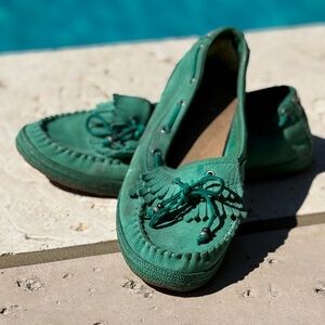 UGG Teal/ Green Drina Beaded Bow Moccasin Flats